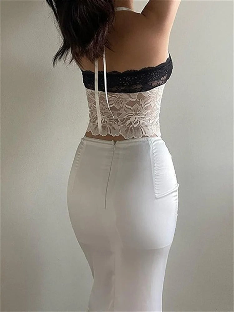 Lace Patchwork Tie Halter Top