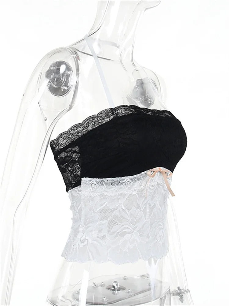 Lace Patchwork Tie Halter Top