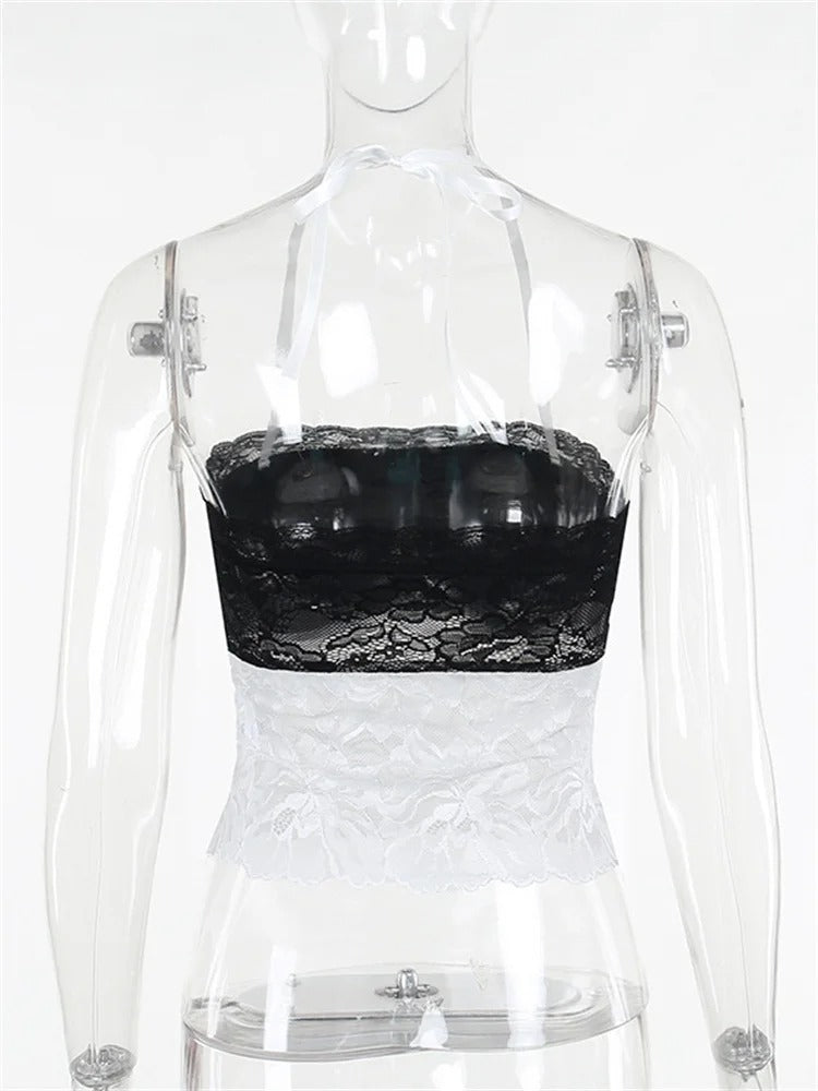 Lace Patchwork Tie Halter Top